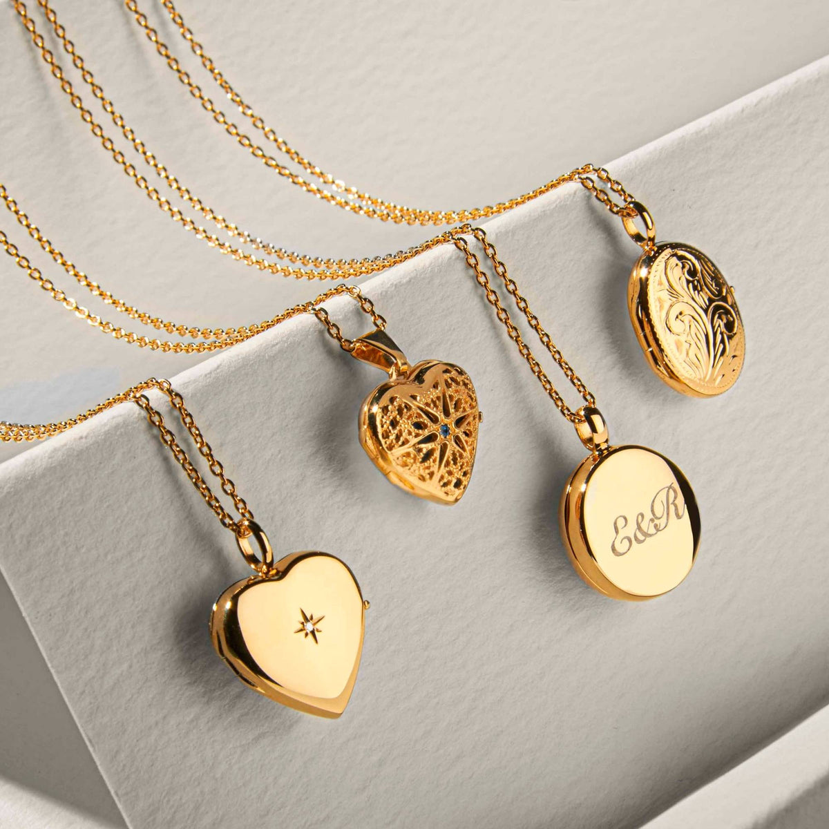 Locket Necklaces: Monogram Trio, Gold, Oval, Gray by Shutterfly