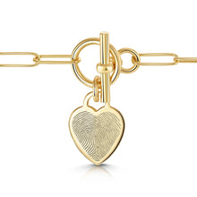 Load image into Gallery viewer, Fingerprint Personalised Bracelet T-Bar Heart On Paperclip Chain Gold