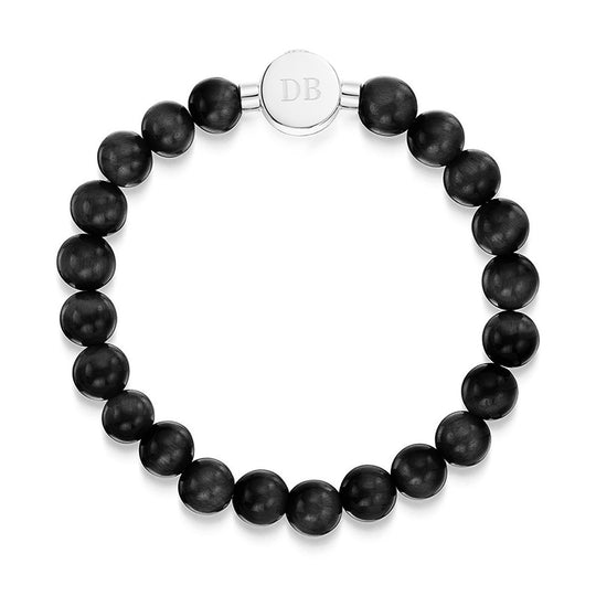 Men's Large Beaded Black Agate Urn Bracelet - Siver