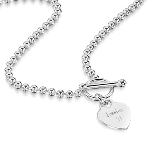 Personalised Bead Chain T-Bar Heart Necklace – Silver