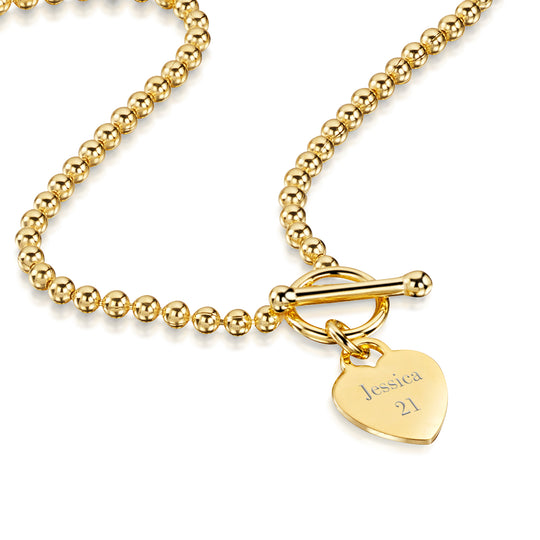 Personalised Bead Chain T-Bar Heart Necklace – Gold
