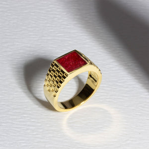 Men's Chequed Square Signet Ashes Resin Ring - Gold