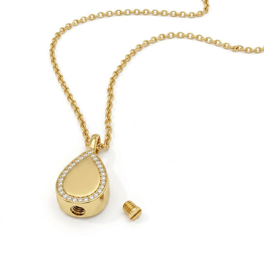 Crystal Edged Teardrop Ashes Urn Necklace - Gold