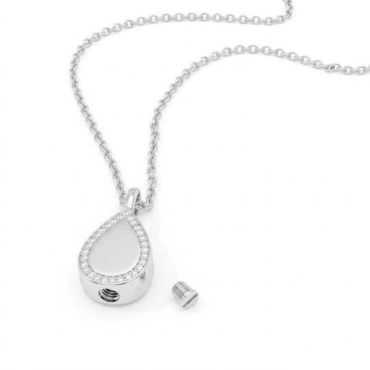 Crystal Edged Teardrop Ashes Urn Necklace - Silver