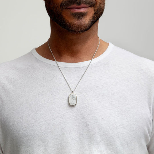 Men's Large Howlite Dog Tag Locket - Silver