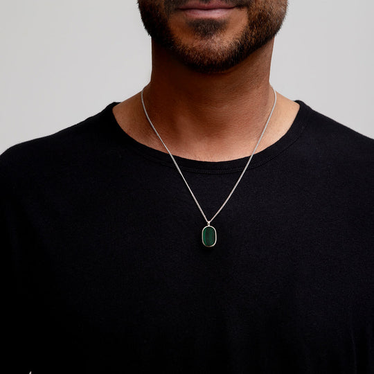 Men's Small Malachite Dog Tag Locket - Silver