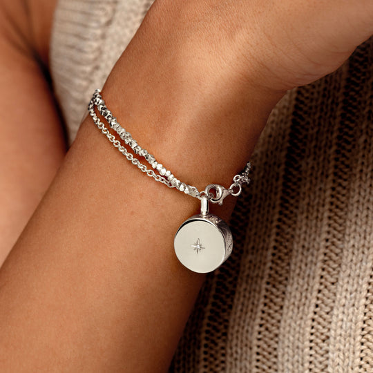 Diamond Drum Urn Bracelet with Nugget Chain - Silver