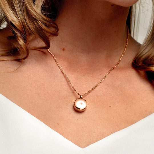Diamantbesetzte runde Urnen-Aschen-Halskette - Rose Gold