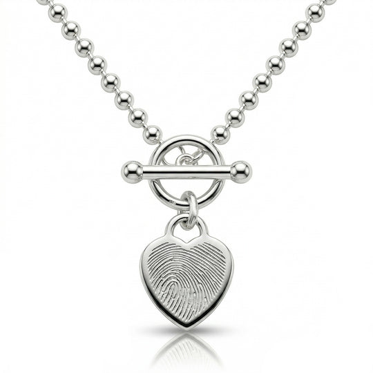 Fingerprint Bead Chain T-Bar Heart Necklace – Silver