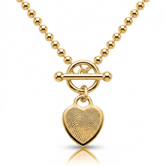 Fingerprint Bead Chain T-Bar Heart Necklace – Gold