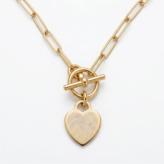 Fingerprint T-Bar Paperclip Chain with Heart Pendant – Gold