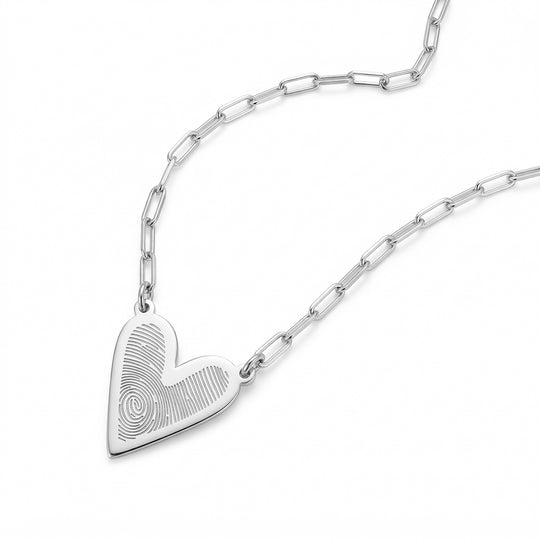 Fingerprint Heart Necklace with Paperclip Chain – Silver
