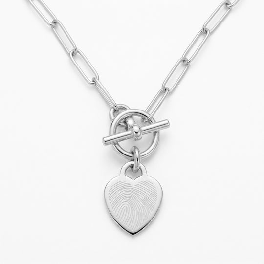 Fingerprint T-Bar Paperclip Chain with Heart Pendant – Silver