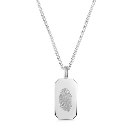 Fingerprint Octagonal Dog Tag Mens Necklace Silver
