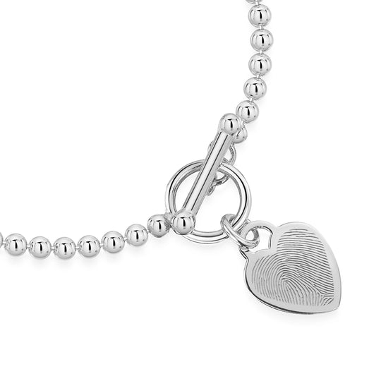 Fingerprint Personalised Bracelet T-Bar Heart On Bead Chain Silver