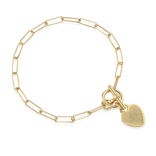 Fingerprint Personalised Bracelet T-Bar Heart On Paperclip Chain Gold