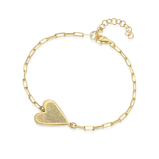 Fingerprint Personalised Heart Pendant On Paperclip Chain Bracelet Gold