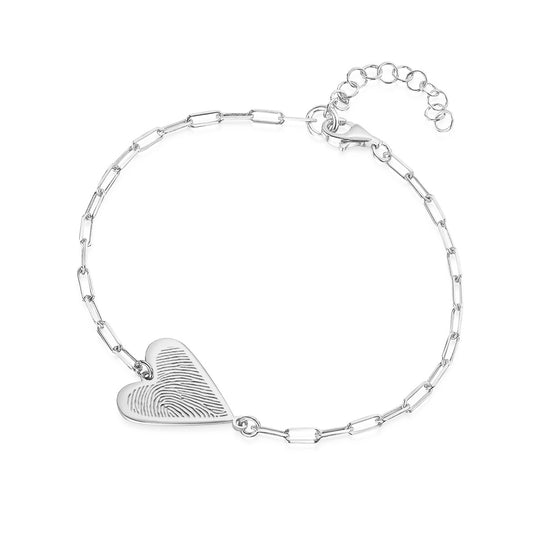 Fingerprint Personalised Heart Pendant On Paperclip Chain Bracelet Silver