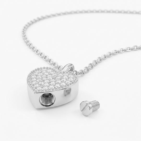 Heart Urn With Crystals Necklace - Silver