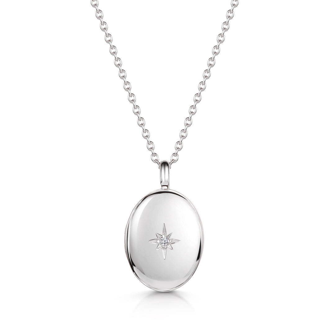 Oval Locket With Clear Crystal - Silver