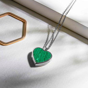 Malachite Personalised Heart Locket – Silver