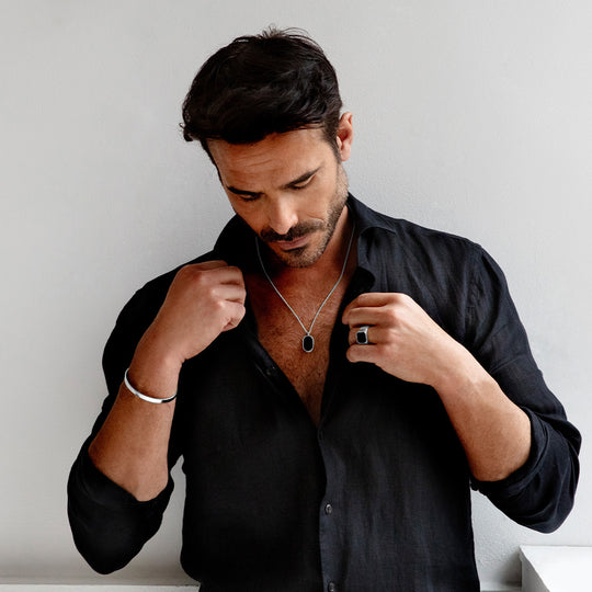 Men's Large Onyx Dog Tag Locket - Gold