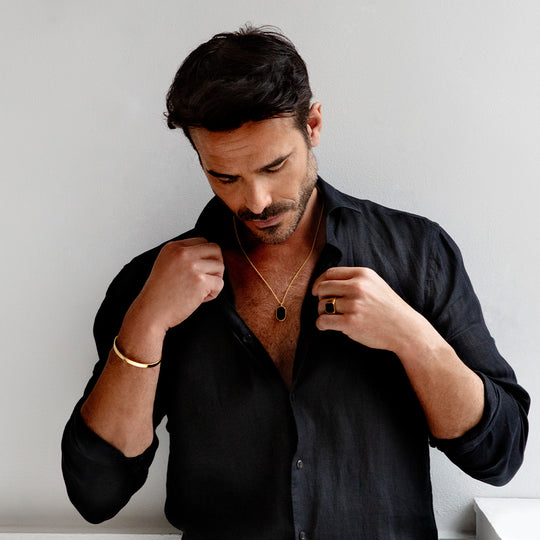 Men's Large Onyx Dog Tag Locket - Silver