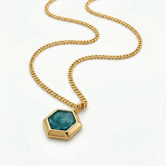 Men's Small Hexagonal Ashes Resin Necklace - Gold