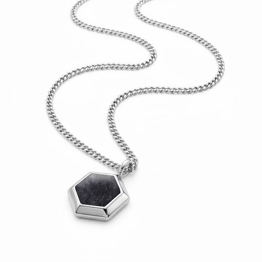 Men's Small Hexagonal Ashes Resin Necklace - Silver