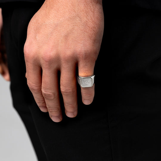 Men's Octagonal Fingerprint Signet Ring - Silver