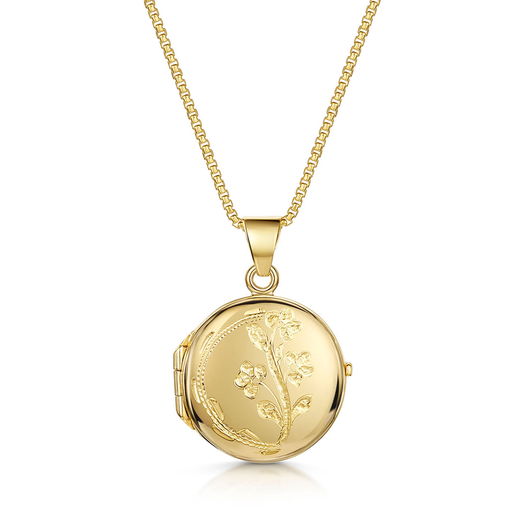 Italian Floral Engraving Personalised Round Locket – Gold