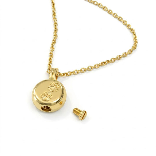 Paw Print Round Urn Ashes Necklace - Gold