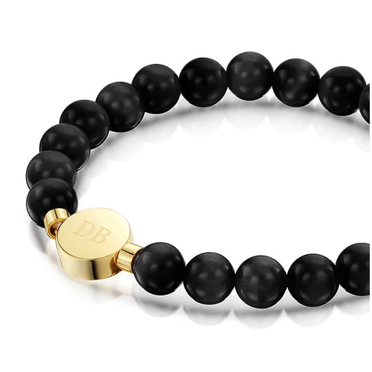 Men's Large Beaded Black Agate Ashes Resin Bracelet - Gold