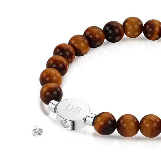 Men's Large Beaded Tiger's Eye Urn Bracelet - Silver