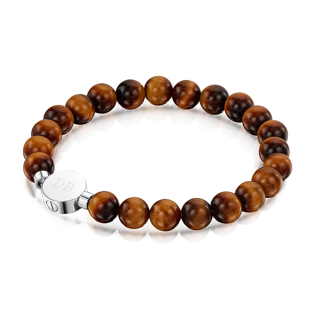 Men's Large Beaded Tiger's Eye Urn Bracelet - Silver