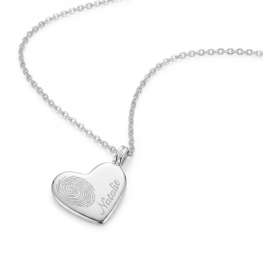 Name & Fingerprint Drop Heart Necklace - Silver