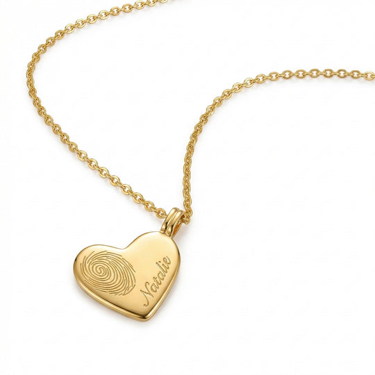 Name & Fingerprint Drop Heart Necklace - Gold