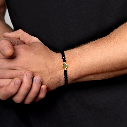 Small Beaded Black Agate Urn Bracelet - Gold