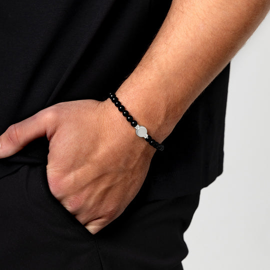 Small Beaded Black Agate Urn Bracelet - Silver