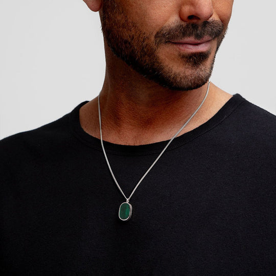 Men's Small Malachite Dog Tag Locket - Silver