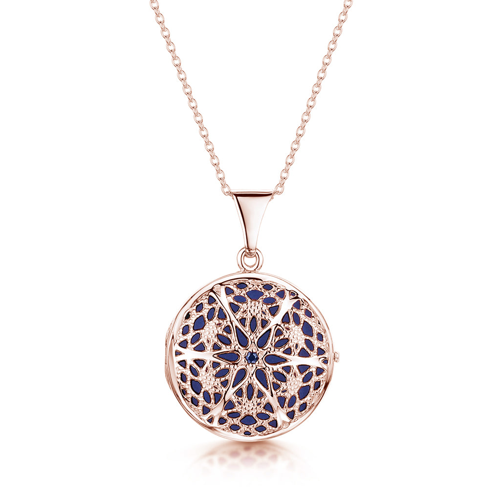 Round Filigree Locket Sapphire Stone Rose Gold