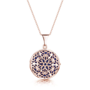 Round Filigree Locket With Sapphire Stone - Rose Gold