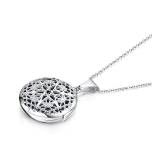 Round Filigree Locket With Sapphire Stone - Silver