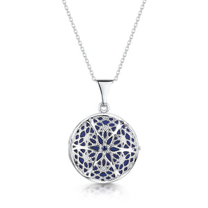 Round Filigree Locket With Sapphire Stone - Silver